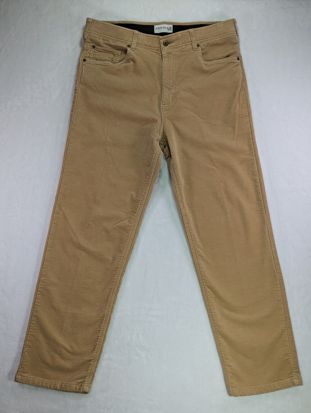 John Blair Corduroy Pants Men 34M Tan Relaxed Fit Straight Leg Elastic Waist